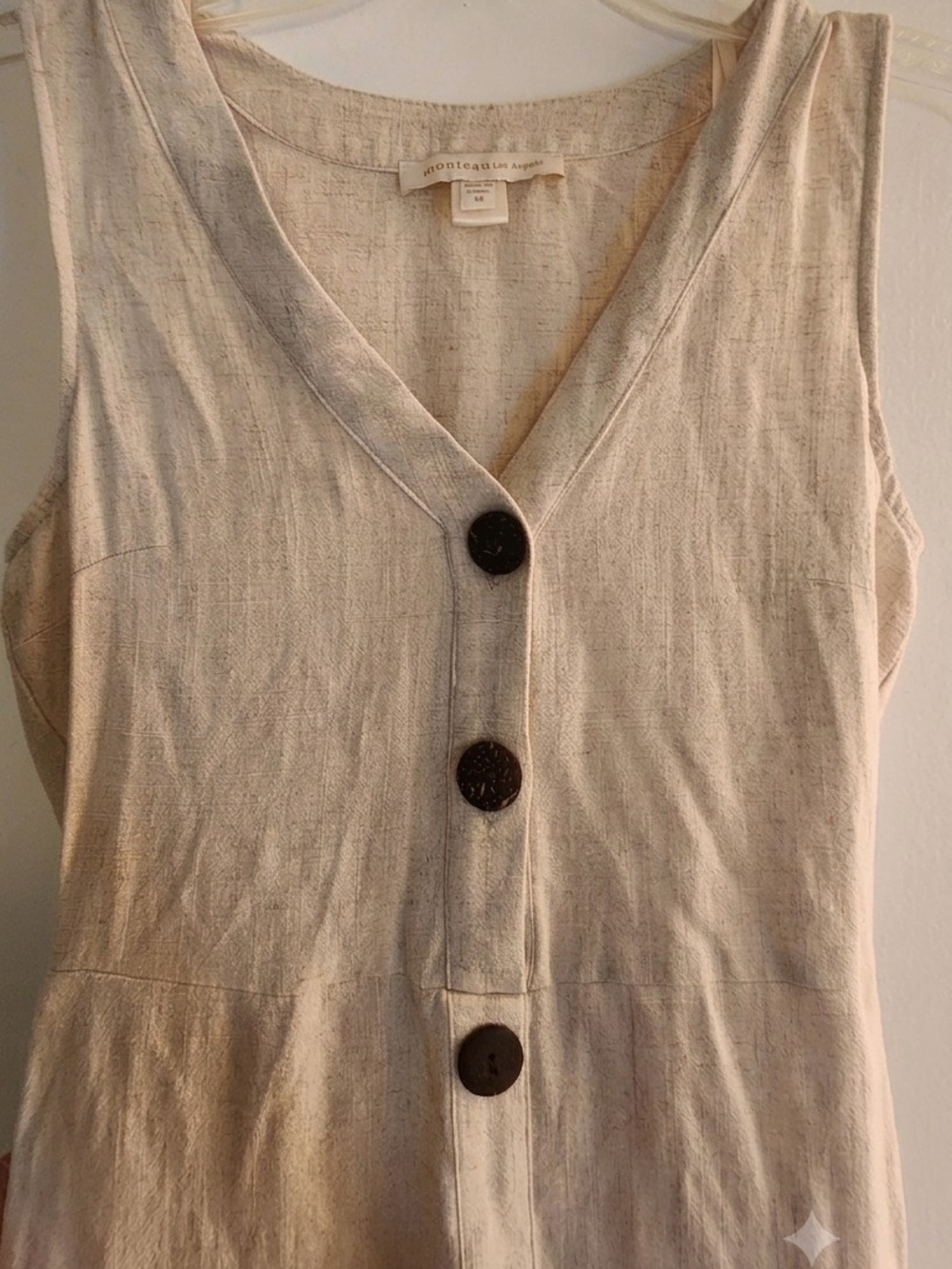 Monteau Sleeveless Linen Button-Front Dress in Cream with Brown Buttons - Picture 5 of 6